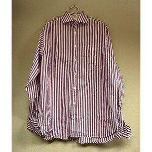 J. Peterman Mens Striped Long Sleeve Dress Shirt Size 15 1/2 34 1/2 White Purple